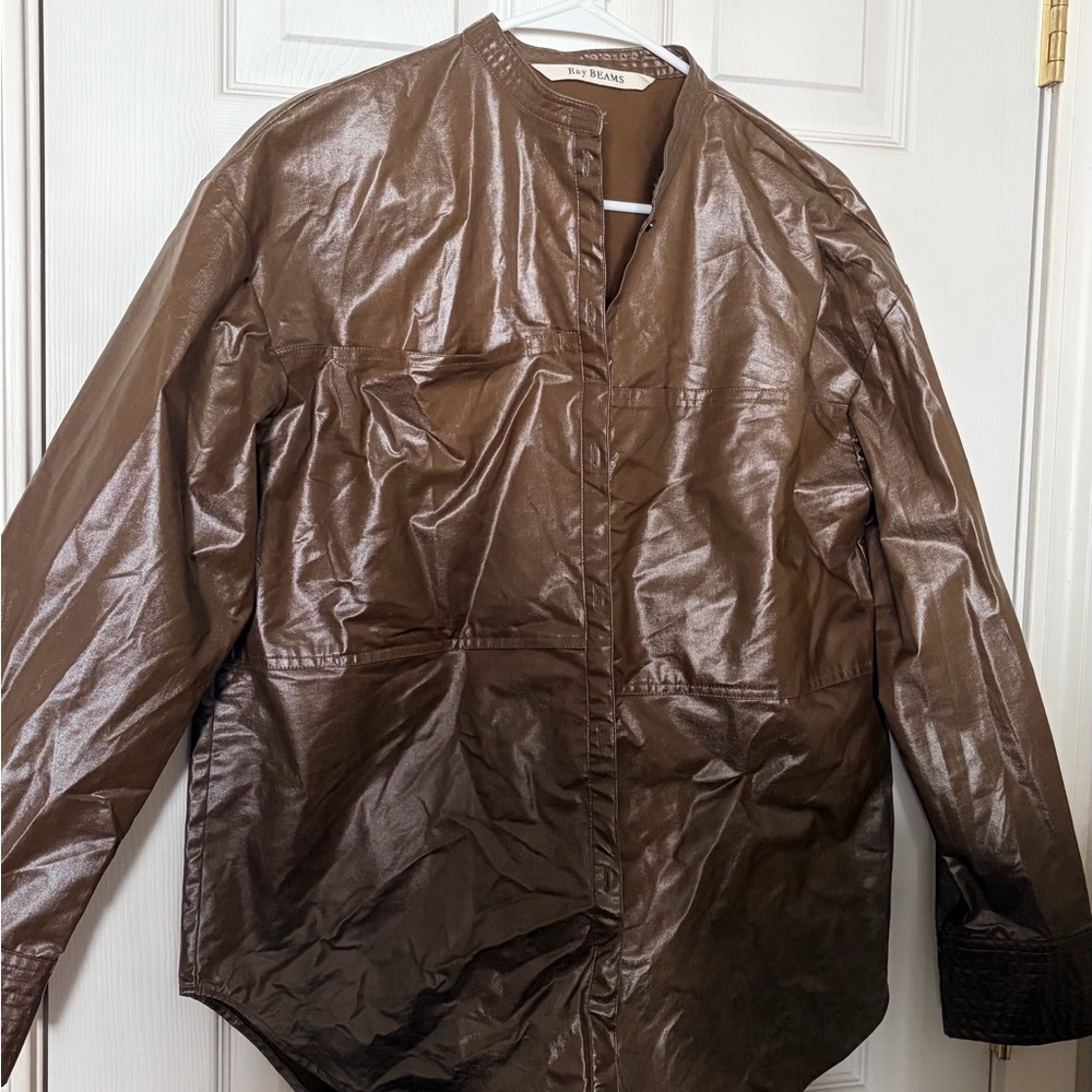 Brown Beams Polyurethane Coated Canvas Shacket for Women